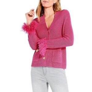 NWT NIC+ZOE Night Fall Fringe-Trim Button-Down Pink Cardigan Size Medium